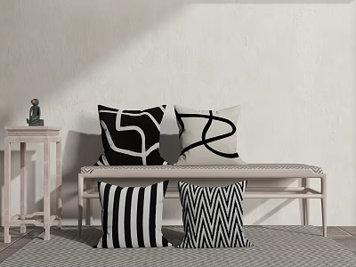 Decorative Black and White Pillows with Abstract Striped Zigzag Patterns on Light Wood Bench 3d model