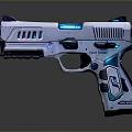 Futuristic White And Blue Pistol With Glowing Accents And Modern Sci Fi Design
