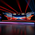 Modern Stage Design With Red Blue Lights Large Screens And Reflective Floor