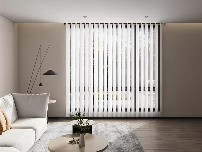 White Vertical Striped Curtains In Modern Living Room With Sofa And Natural Light 3d model