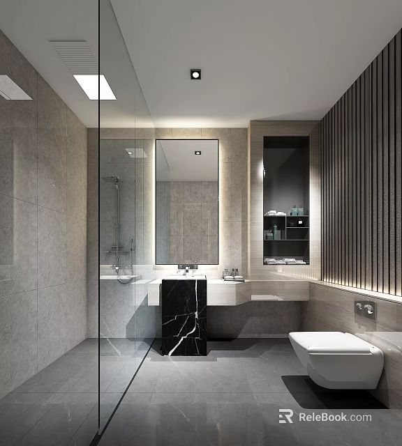 Modern Bathroom Interior With Glass Shower Enclosure Marble Vanity Mirror Gray Tiled Walls And Toilet 3d model 