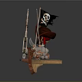 Game Movie Pirate Character Standing On Wooden Ship With Skull Flag And Cannon