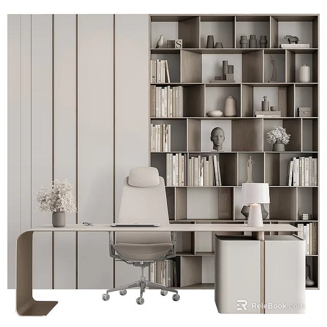 Modern Office Desk Interior with Ergonomic Chair Bookshelf Table Lamp and Flower Vase 3d model 