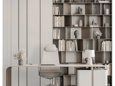 Modern Office Desk Interior with Ergonomic Chair Bookshelf Table Lamp and Flower Vase 3d model