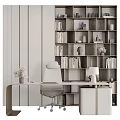 Modern Office Desk Interior with Ergonomic Chair Bookshelf Table Lamp and Flower Vase