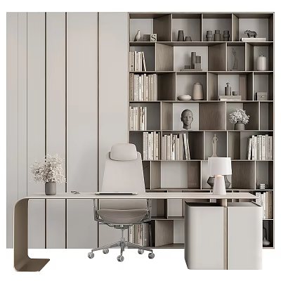 Modern Office Desk Interior with Ergonomic Chair Bookshelf Table Lamp and Flower Vase 3d model