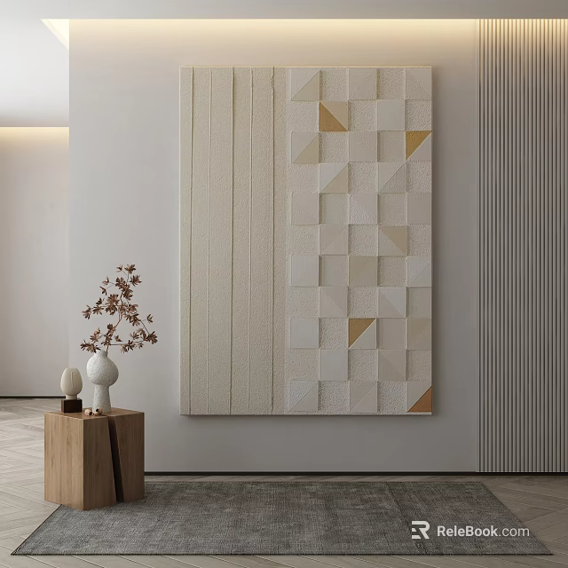 Large Decorative Wall Art With Beige Gold Geometric Patterns Near Wooden Table 3d model 