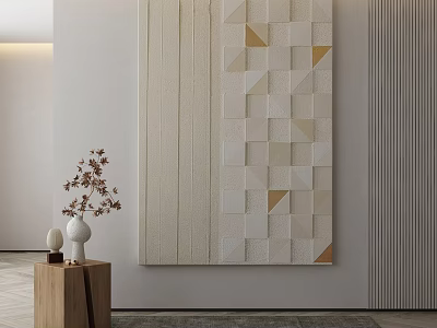 Large Decorative Wall Art With Beige Gold Geometric Patterns Near Wooden Table 3d model