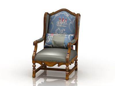 Vintage European Style Accent Chair With Carved Wooden Frame Blue Backrest And Gray Leather Seat 3d model