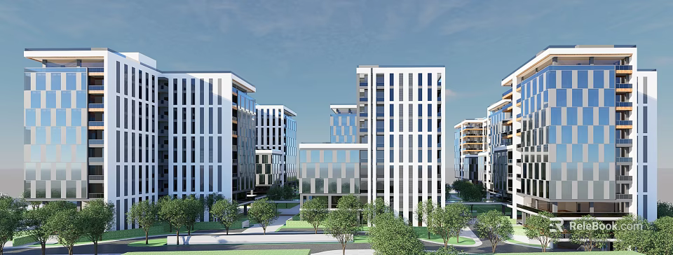Modern Office Buildings With Glass Walls And White Facades Surrounded By Green Trees And Lawns 3d model 
