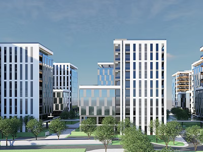 Modern Office Buildings With Glass Walls And White Facades Surrounded By Green Trees And Lawns 3d model