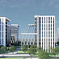 Modern Office Buildings With Glass Walls And White Facades Surrounded By Green Trees And Lawns