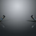 Two Microphones Used By Performers On Shiny Surface With Reflection And Overhead Light