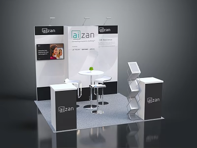 aizan Exhibition Booth Design With Display Stands Tables Stools And Branded Signage 3d model