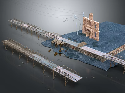 Model Scene With Wooden Bridges Old Building Ruins Cable Wires On Gravel Ground 3d model
