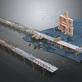 Model Scene With Wooden Bridges Old Building Ruins Cable Wires On Gravel Ground 3d model
