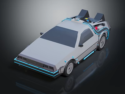 Retro Futuristic Silver Car With Blue Neon Lines And Roof Mounted Gadgets 3d model