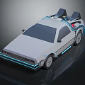 Retro Futuristic Silver Car With Blue Neon Lines And Roof Mounted Gadgets