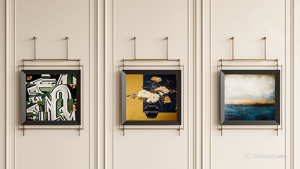 Abstract Geometric Yellow Flower Seascape Artworks on Light Striped Wall with Metal Frames 3d model 