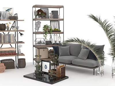 Modern Grey Sofa and Coffee Table Set with Decorative Pillows Bookshelf and Green Plants 3d model