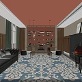 Elegant Hotel Public Lounge Area With Dark Sofas Patterned Carpet Fireplace And Chandelier 3d model