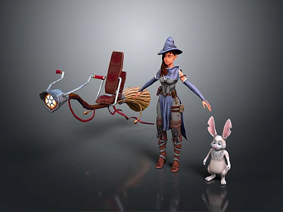 Witch With Cloak And Broomstick With Lamp Standing Next To White Rabbit 3d model