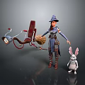 Witch With Cloak And Broomstick With Lamp Standing Next To White Rabbit