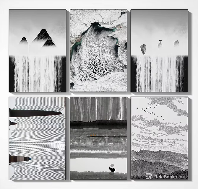 Black and White Decorative Paintings With Mountain Water Waves And Flying Birds Modern Wall Art 3d model 