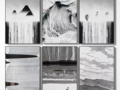 Black and White Decorative Paintings With Mountain Water Waves And Flying Birds Modern Wall Art 3d model