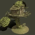 Rustic Wooden Treehouse With Small Window Leafy Branches And Wooden Platform 3d model