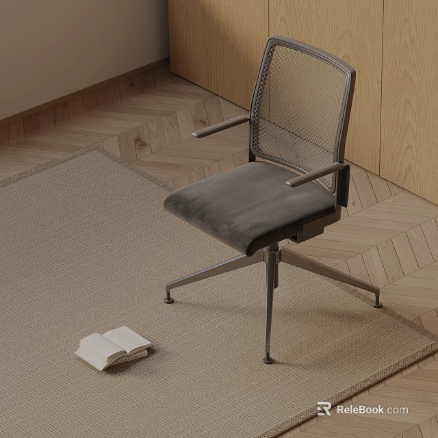 Office Chair With Mesh Back Gray Seat Metal Frame On Beige Rug Near Open Book 3d model 