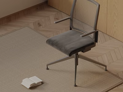 Office Chair With Mesh Back Gray Seat Metal Frame On Beige Rug Near Open Book 3d model