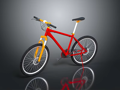 Red Mountain Bike Featuring Yellow Handlebars Black Seat Thick Tires And Reflective Surface 3d model