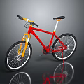 Red Mountain Bike Featuring Yellow Handlebars Black Seat Thick Tires And Reflective Surface