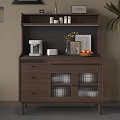Elegant Wooden Sideboard with Drawers Glass Doors Featuring Coffee Machine Vase Oranges and Potted Plant
