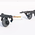 Two Vintage Black Machine Guns with Wooden Stocks Metal Structures and Wheels