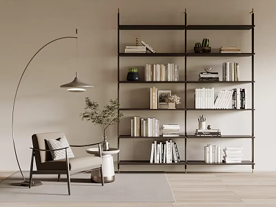 Modern Black Metal Frame Bookcase With Books Armchair Floor Lamp And Potted Plant 3d model