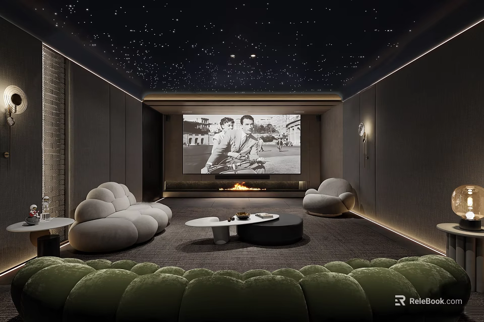 Modern Home Theater Interior With Starry Ceiling Large Screen And Cozy Sofas 3d model 