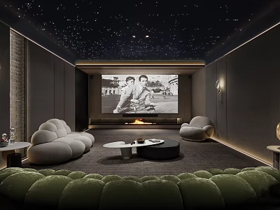Modern Home Theater Interior With Starry Ceiling Large Screen And Cozy Sofas 3d model