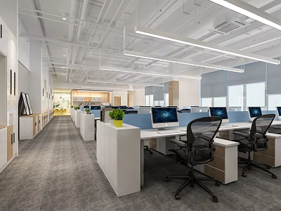 Modern Public Office Space With Open Layout Desks Computers Office Chairs And Green Plants 3d model