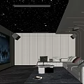 Modern Home Theater Room Interior With Starry Ceiling Gray Walls Curved Lines And Large Screen