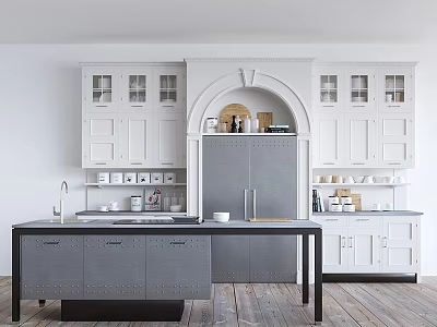 Elegant Minimalist White And Grey Kitchen With Storage Cabinets Central Island And Chic Arched Design 3d model