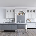 Elegant Minimalist White And Grey Kitchen With Storage Cabinets Central Island And Chic Arched Design
