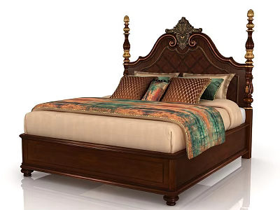Wooden Double Bed With Carved Headboard Golden Posts And Patterned Quilt Pillows 3d model