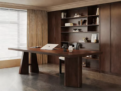 Modern Home Office Interior With Wooden Desk Bookshelves Window Blinds And Curtains 3d model