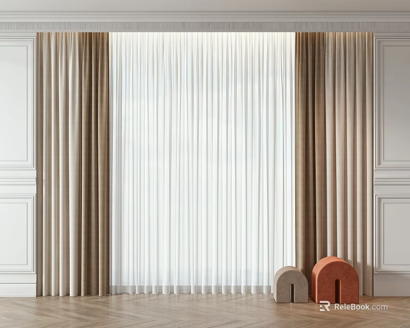 Modern Beige Drapes And White Sheer Curtains For Living Room Interior 3d model 