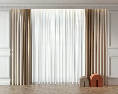 Modern Beige Drapes And White Sheer Curtains For Living Room Interior 3d model