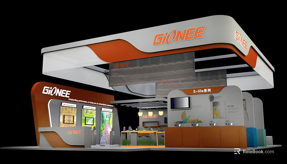 GIONEE Exhibition Booth With Modern Orange And White Design Display Counters And Screen 3d model 