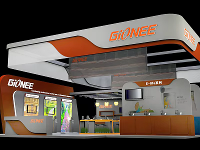 GIONEE Exhibition Booth With Modern Orange And White Design Display Counters And Screen 3d model