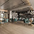 Contemporary Dining Area With Green Chairs Open Shelving Plants Chandelier Brick Wall And Guitar